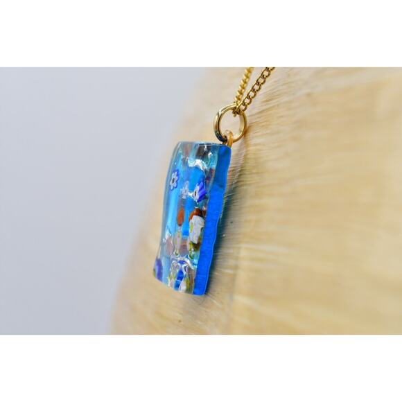 Artisan Handblown Glass Pendant Foil Blue Flower Rectangle Gold Tone Chain BinM - Picture 11 of 12